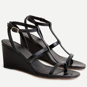 T-Strap Wedges in croc-embossed leather